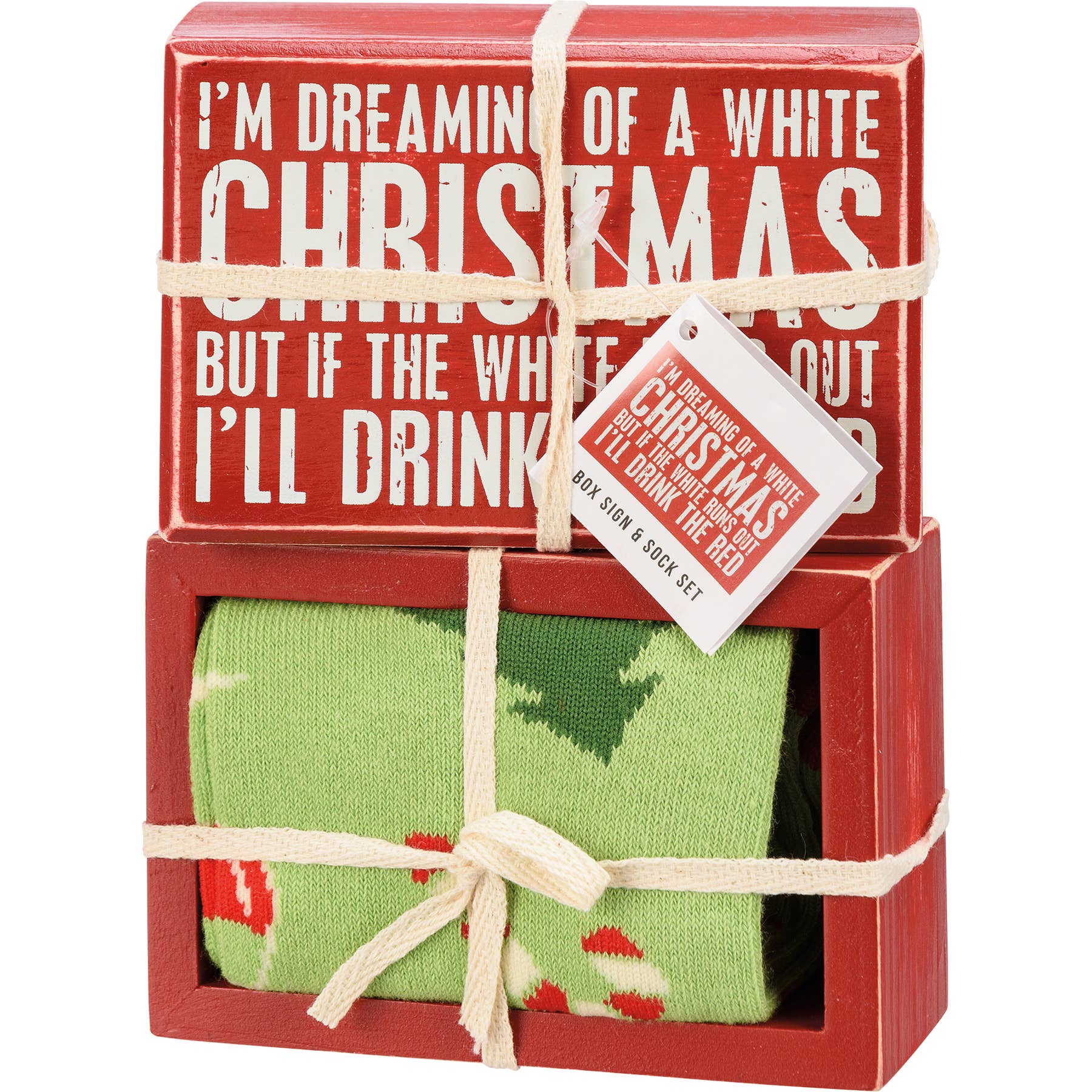Primitives by Kathy - Wholesale Desk/Tabletop Sign - A White Christmas Box Sign And Sock Set1