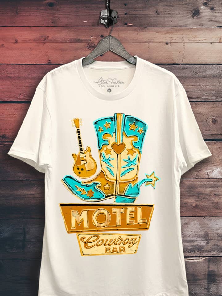 Motel Cowboy Bar Graphic Top for wholesale by Lotus Fashion Collection