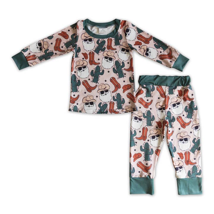 Yawoo Garments - Wholesale Sleepwear Set - Kids - Santa cactus boots kids boy Christmas western pajamas