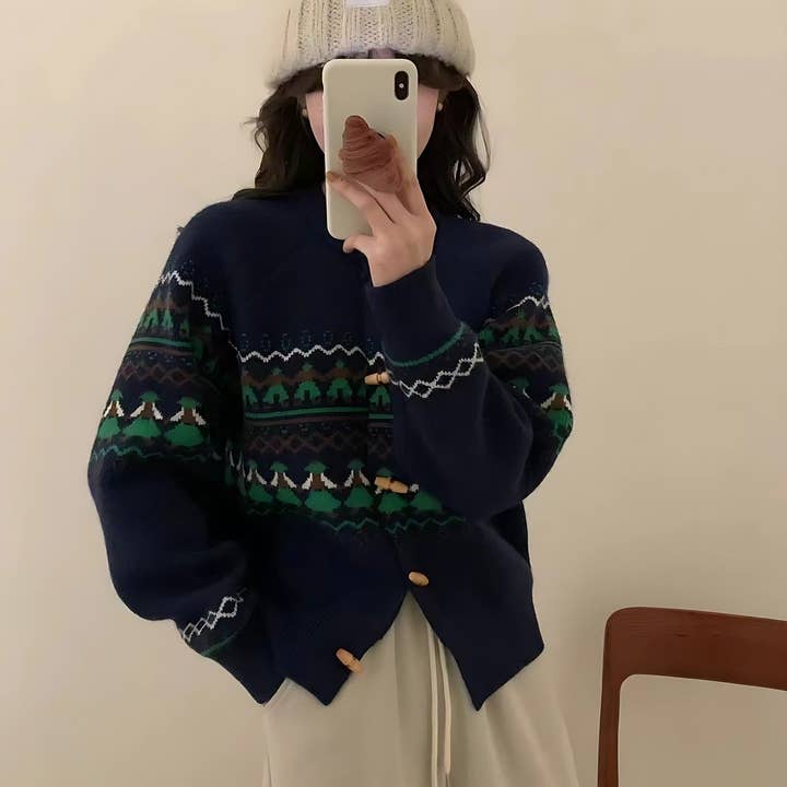 Marayn - Wholesale Cardigan - Women's - Cozy Fair Isle Horn Button Knit Cardigan Sweater1