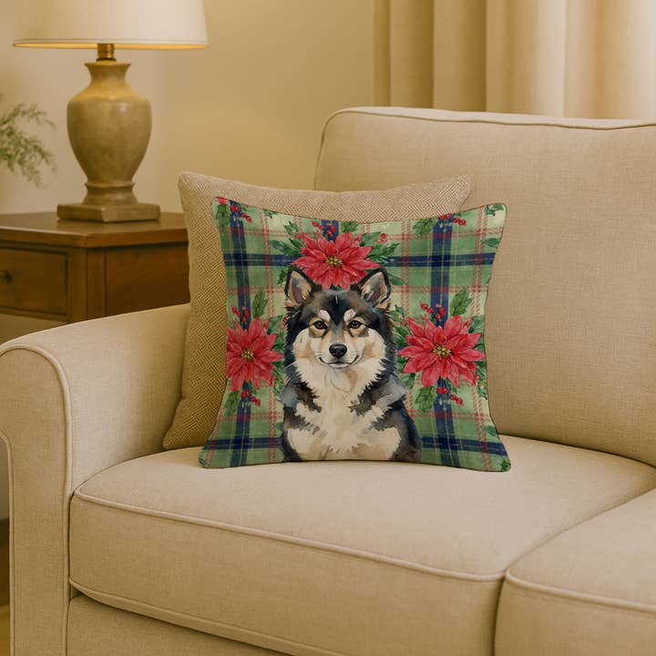 Coussin de Noël Poinsettias Lapphund finlandais 18x18 WDK8637 pour la vente par Caroline's Treasures