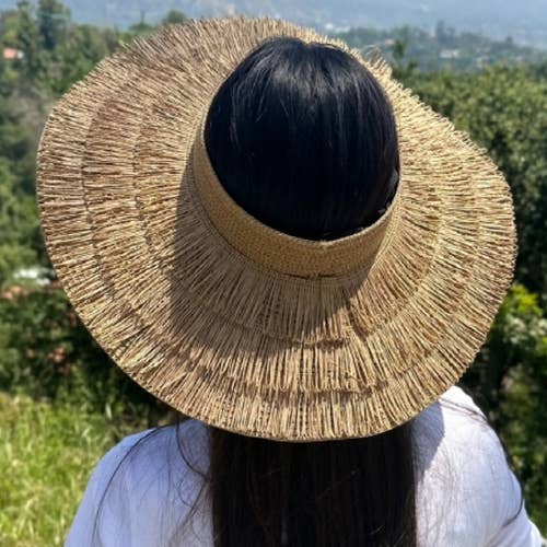 NATURAL Beachy crownless sun visor hat with layers of fringe for wholesale on Faire4
