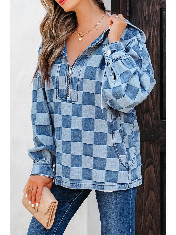 Sky Blue Checker Denim Half-Zip Pocketed Hoodie for wholesale on Faire2
