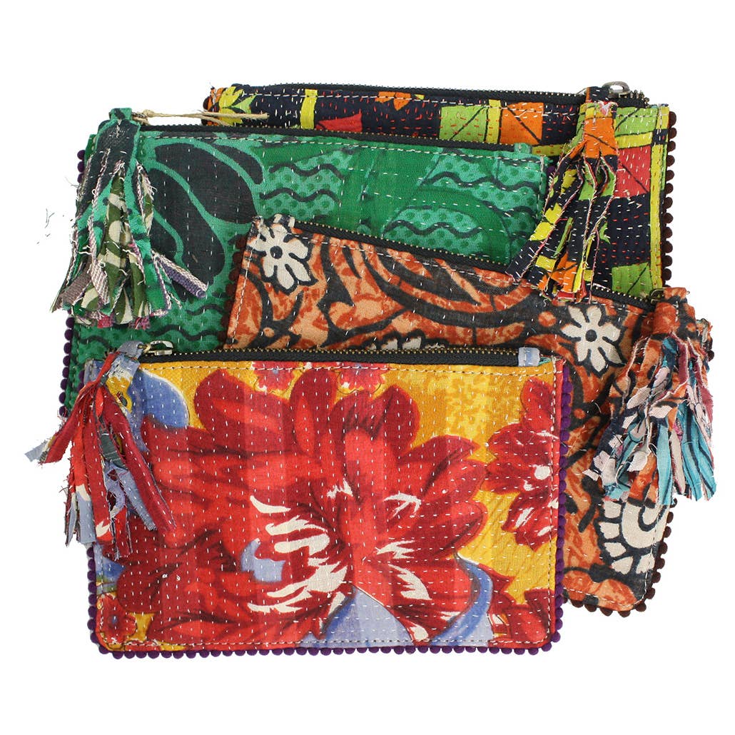 WorldFinds - Wholesale Pouch - Women's - Kantha Tasseled Zip Pouch1