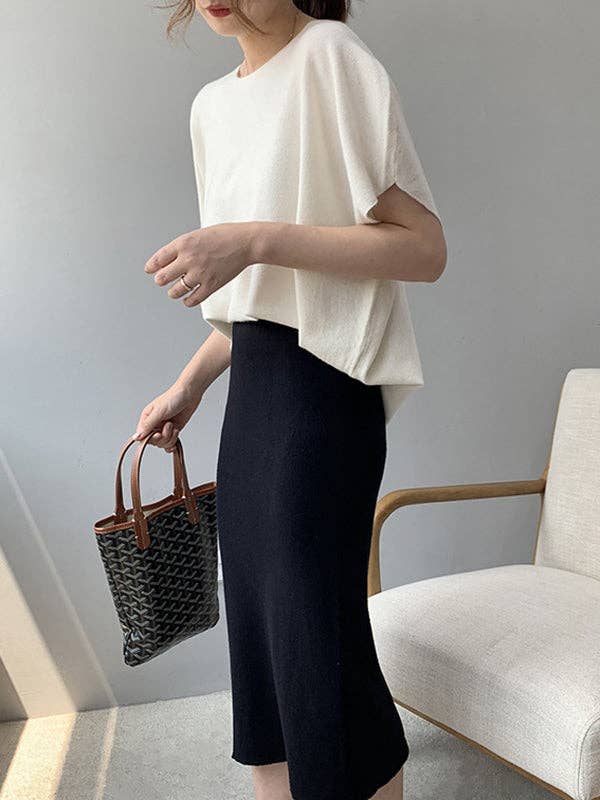 Sheer Trend – Großhandel Strickoberteil – Damen – Lose, einfarbige, schulterfreie Strickpullover-Pullover-Tops mit halben Ärmeln9