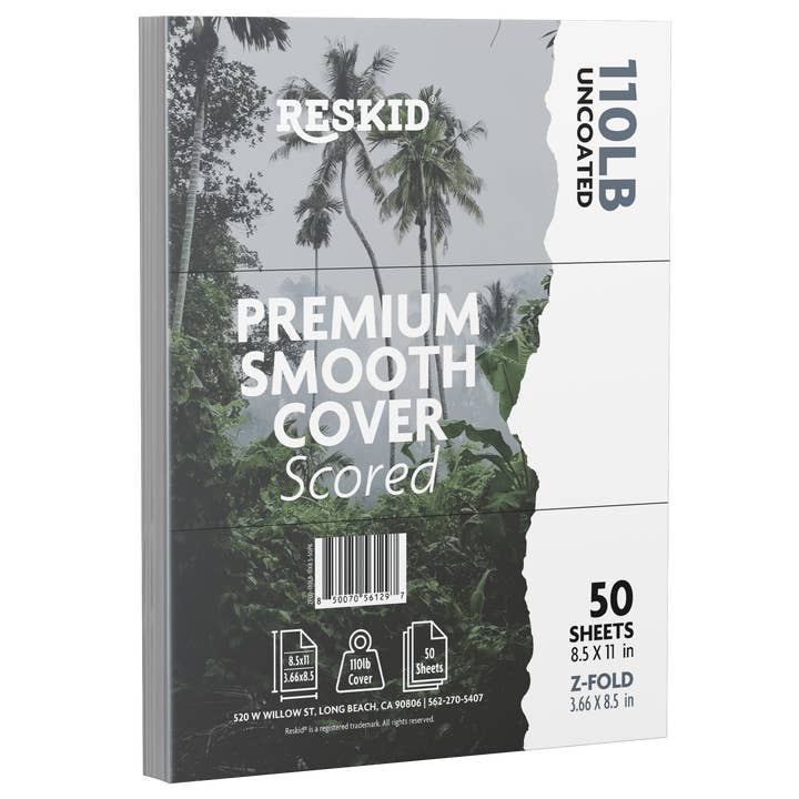 White Scored Cardstock, 110lb, 8.5 x 11 inches Z-Fold to 3.66 x 8.5 inches, Heavy Weight Cover Stock, 50 Sheets for wholesale by Reskid