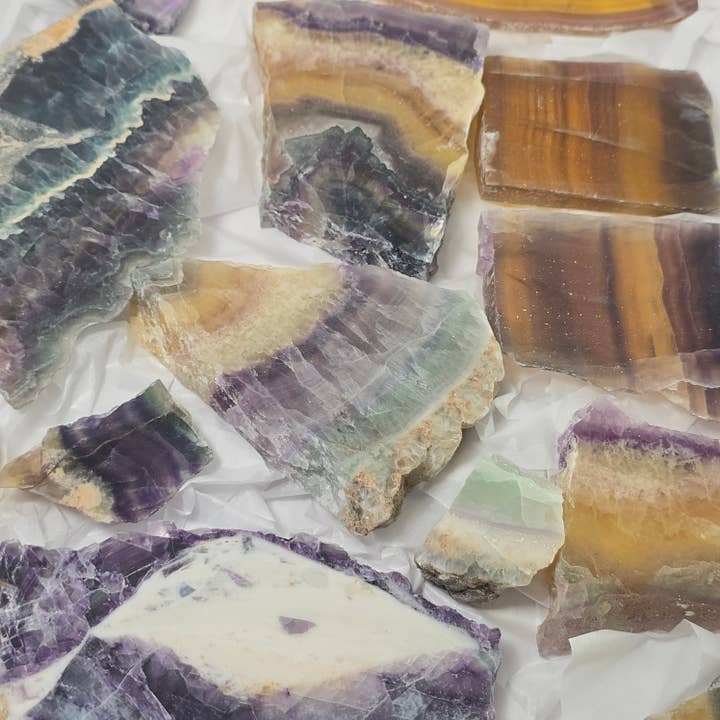 15pcs Fluorite Slabs ~ Bulk Polished Crystals ~ Mineral Flat for wholesale by Aquamarine Daydream Wholesale