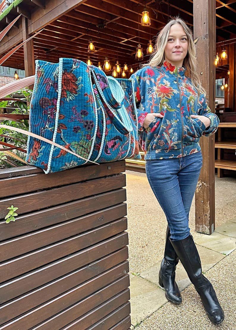 Essential Designs London - Wholesale Tote Bag - Women's - Quilted Velvet Cotton Reversible Extra Large Tote Bag Beach Weekender Eco friendly Sustainable Sturdy Grocery Shopping Rich Teal Pink Orange