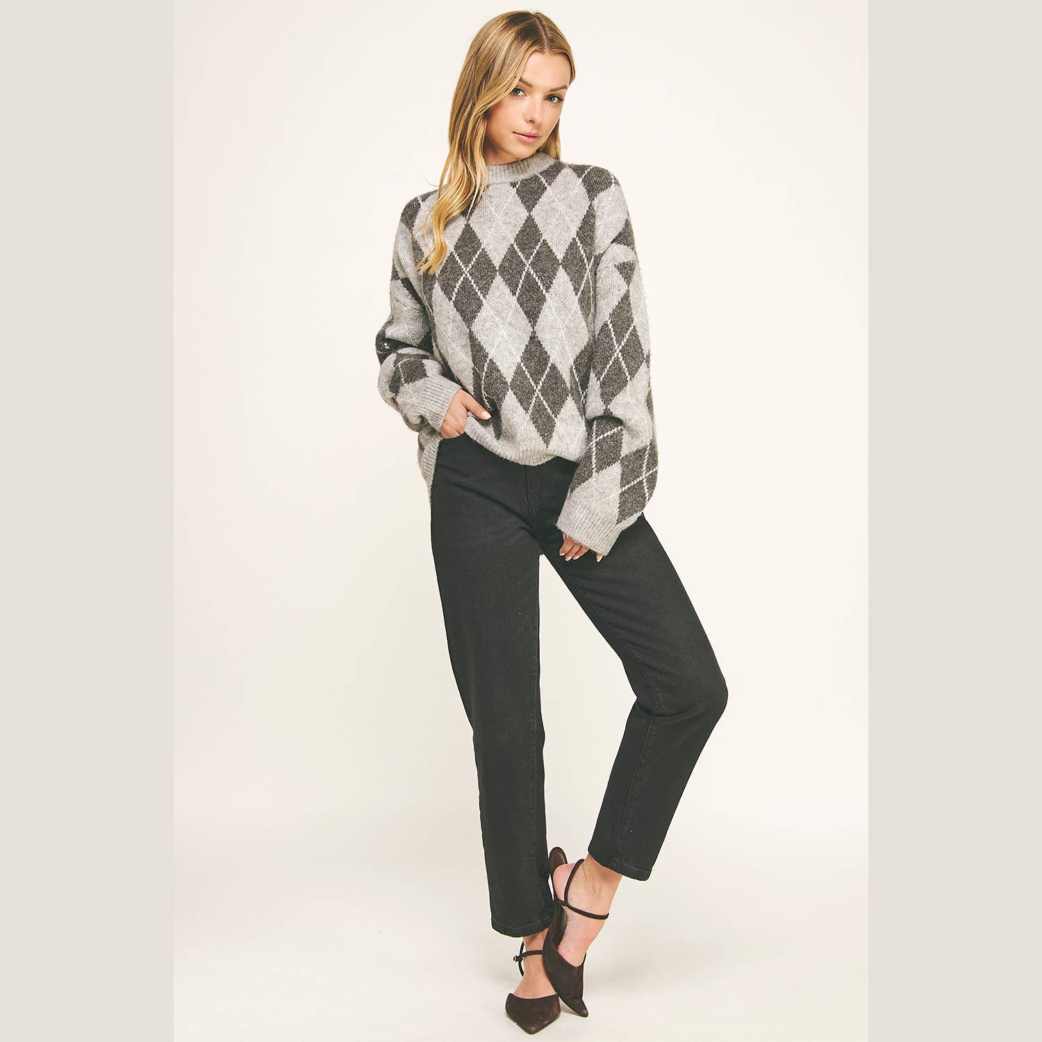 TONAL GRÅ RUTIG RUNDHALSAD LÅNGÄRMAD TRÖJA för wholesale på Faire4