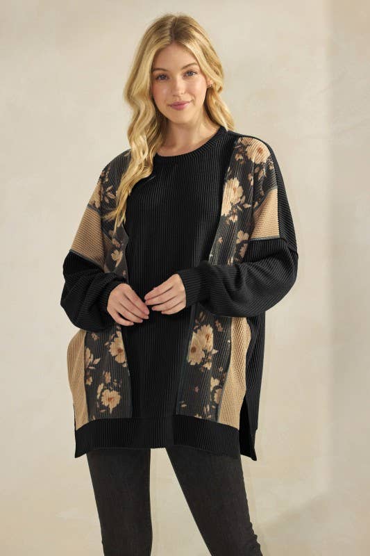 HEIMISH - Wholesale Tunic - Women's - ET7988-10 LONG SLEEVE SOLID AND FLORAL URBAN RIB TOP0