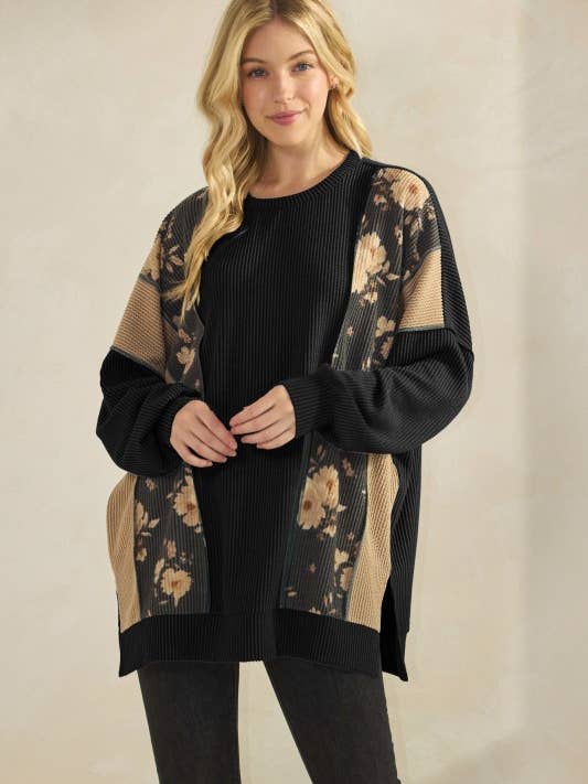 HEIMISH - Wholesale Tunic - Women's - ET7988-10 LONG SLEEVE SOLID AND FLORAL URBAN RIB TOP