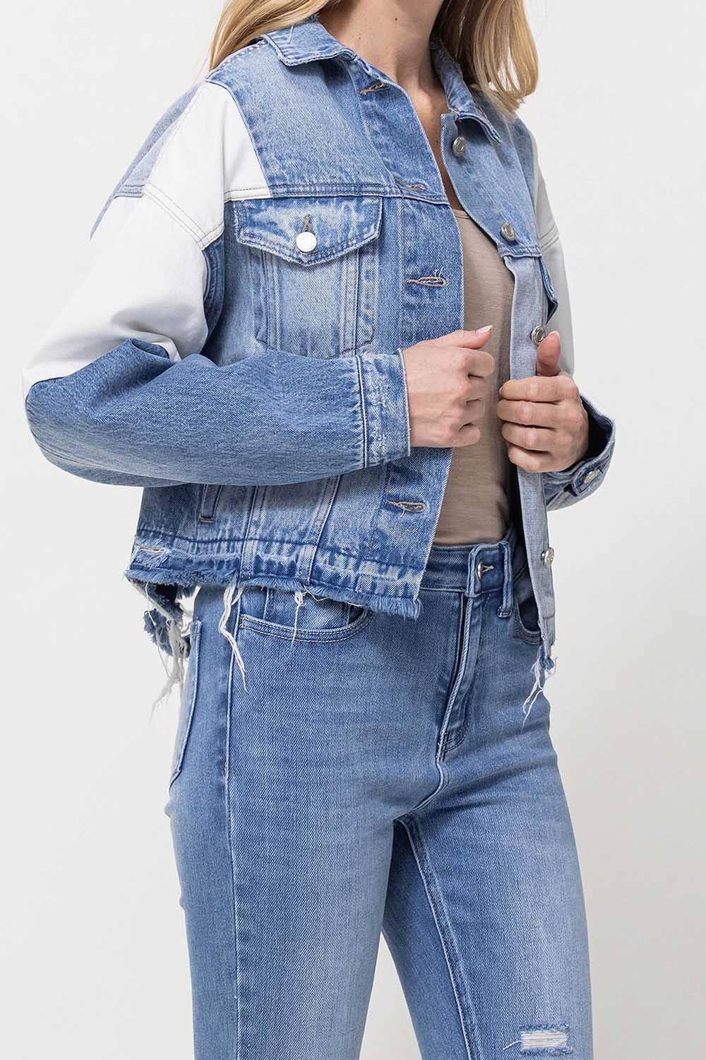 DENIM FARVEBLOK PATCHWORK OVERSIZE CROP DENIM JAKKE V2727J for engroshandel på Faire9