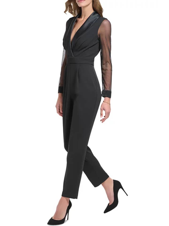 BLACK Jessica Howard Long Sheer Sleeve Tuxedo Jumpsuit for wholesale on Faire2