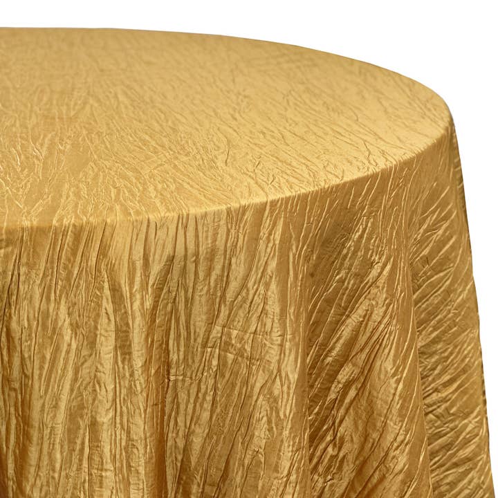 YOUR CHAIR COVERS - Wholesale Tablecloth - 132 inch Crinkle Taffeta Round Tablecloth Gold1