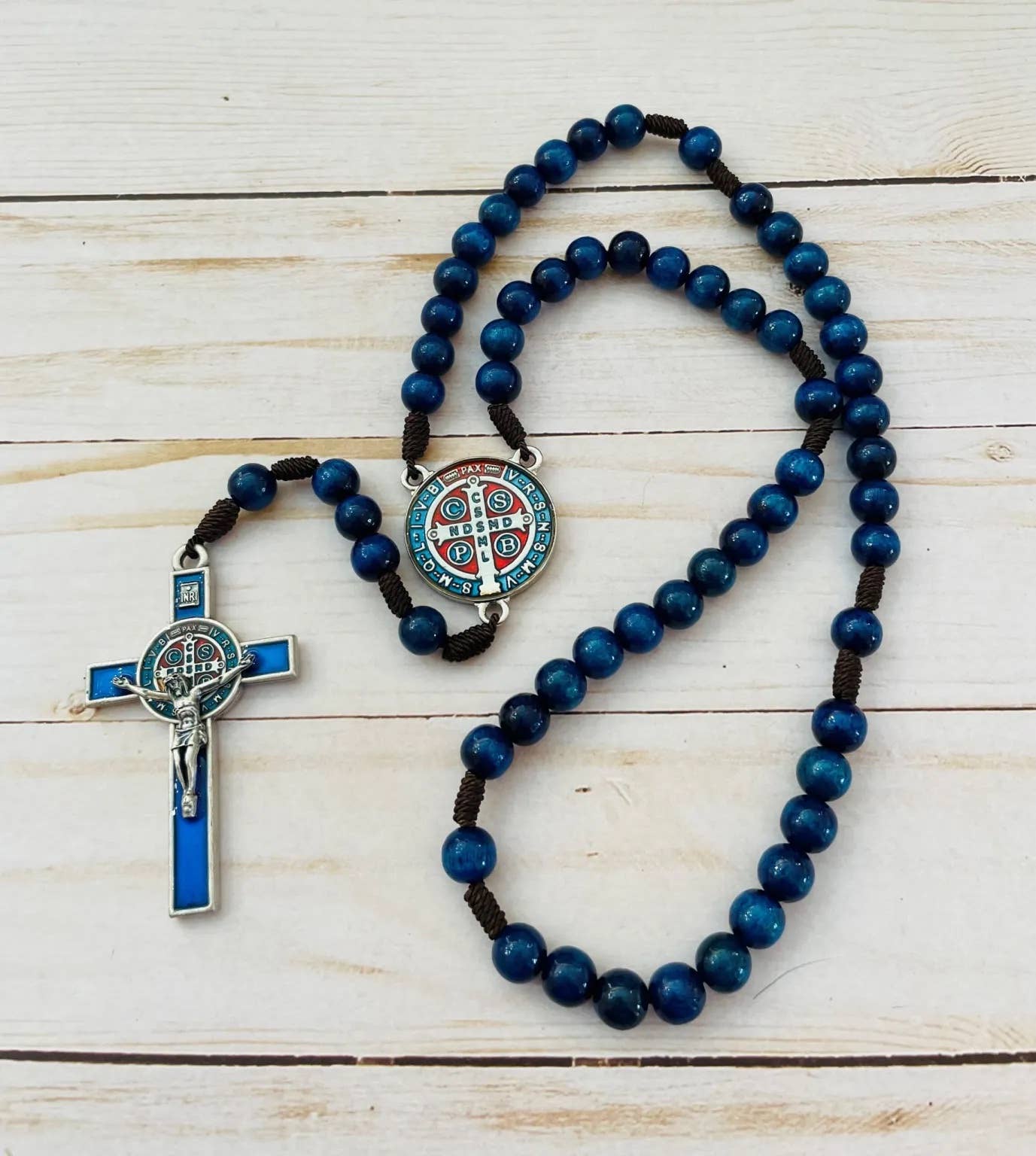 Oremus Mercy - Wholesale Prayer Beads Necklace - Rosary - St. Benedict Wooden (BLUE Resin)   20"4