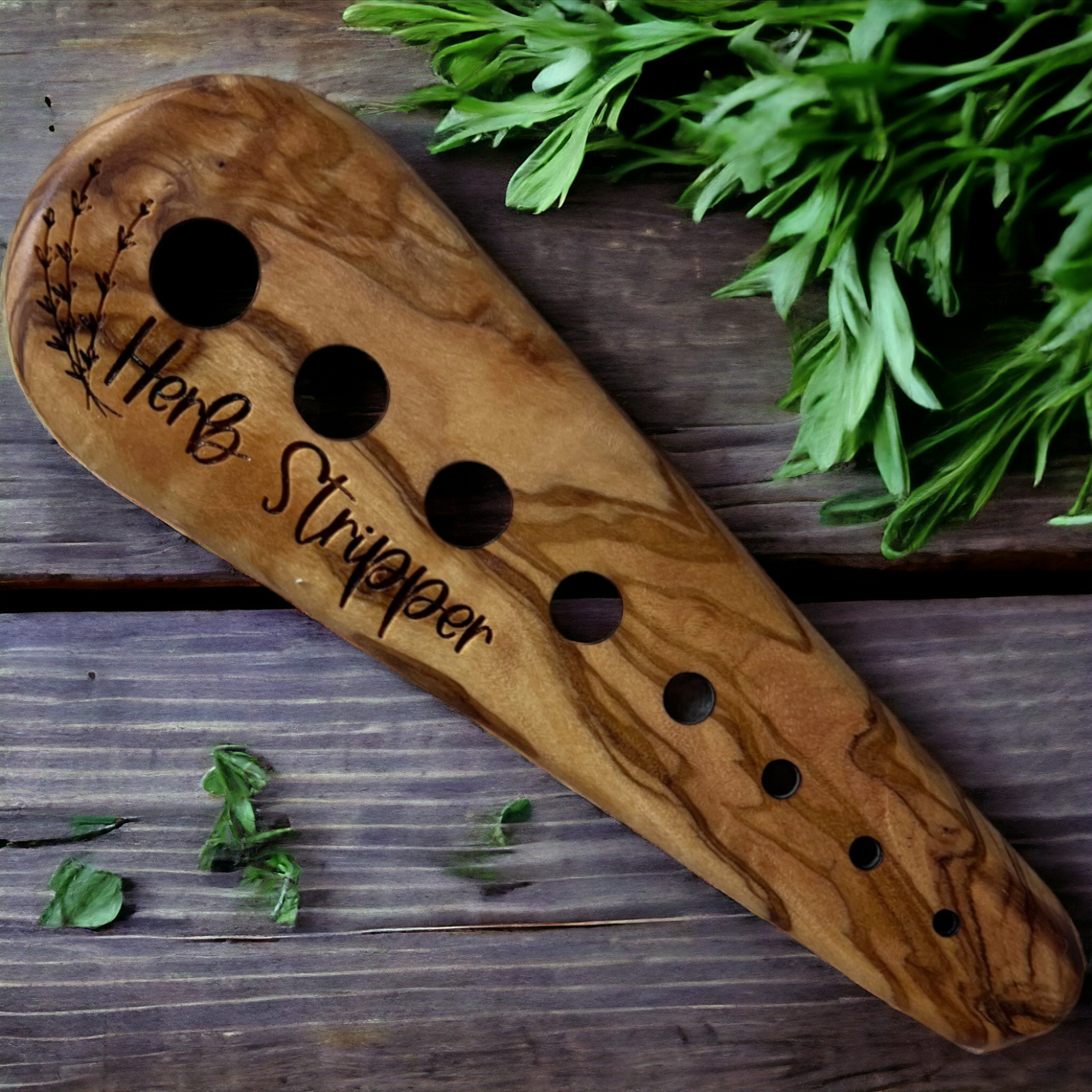 The Savvy Spade - Wholesale Kitchen Tool/Gadget - Herb Stripper - Handmade Olive Wood Herb Preparation1