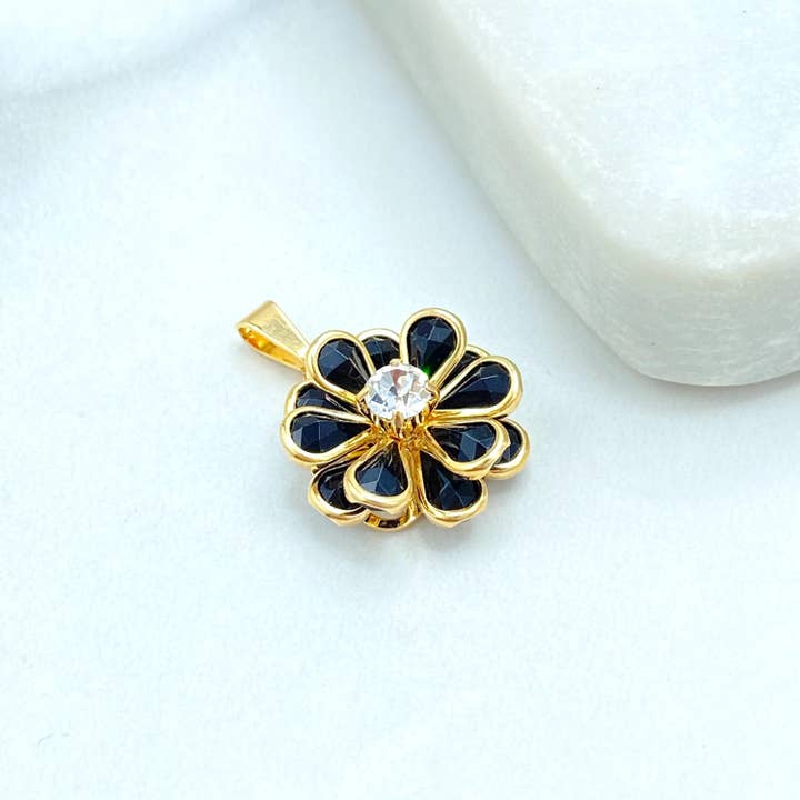 18k Gold Filled Charm, Flower Pendant with Simulated Black Stones and CZ Center, Vintage Floral Style Charm, Gift for Her for wholesale by Luxus Accessories