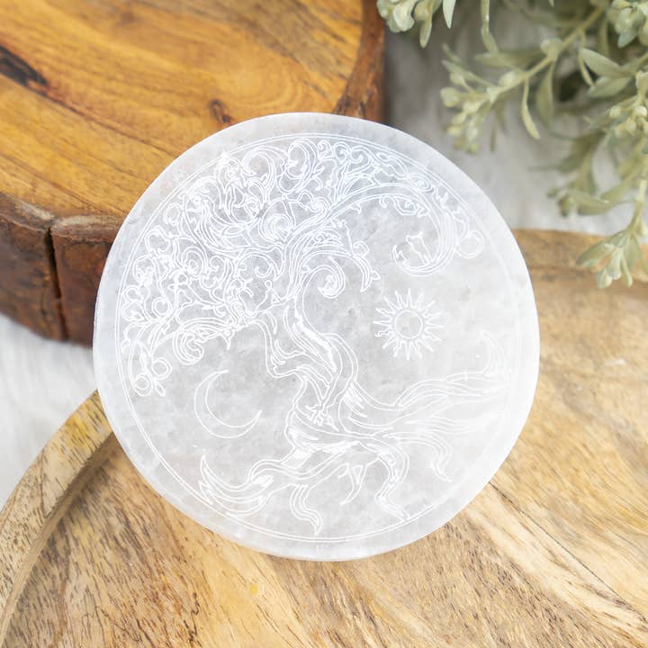 Soothing Crystals - Wholesale Crystal Charging Plate - 4" Selenite Plate | Tree of Life Moon & Sun Selenite Plate8