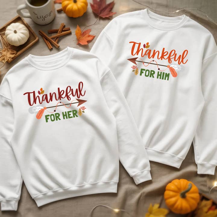 Thankful For Her/Him Thanksgiving Couple Sweatshirt – Cute Matching Holiday Crew Neck for wholesale by Adorb Custom Tees