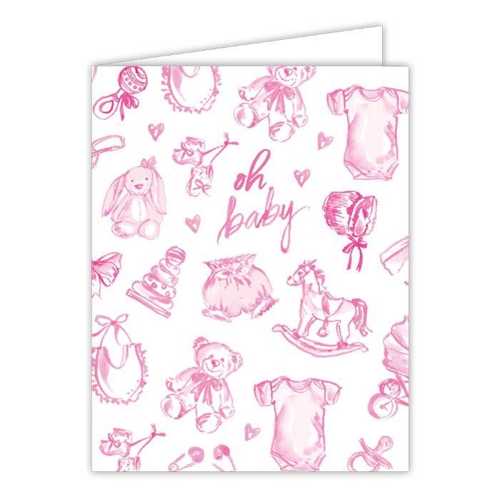 RosanneBeck Collections - Wholesale Baby Card - Handpainted Oh Baby Pink Baby Toile Greeting Card