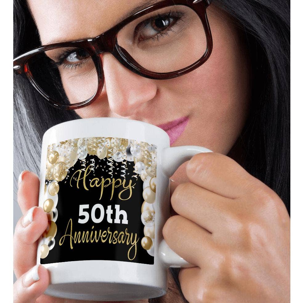 3dRose - Wholesale Coffee Mug - 3dRose, Happy 50th Anniversary Glam Image Of Gold Balloons, Mug9