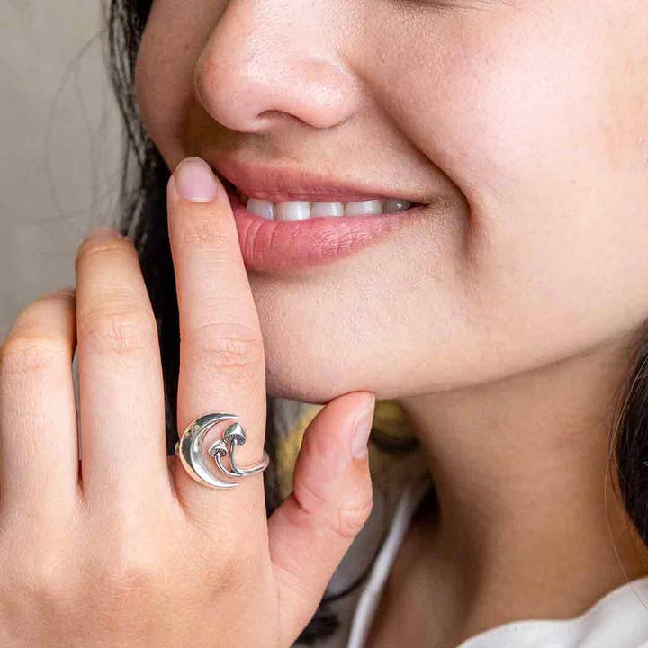 Nina Designs - Wholesale Cocktail/Statement Ring - Sterling Silver or Bronze Moon and Mushroom Adjustable Ring