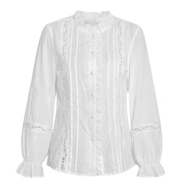 White Ruffled Trim Cutout Lace Floral Blouse for wholesale on Faire