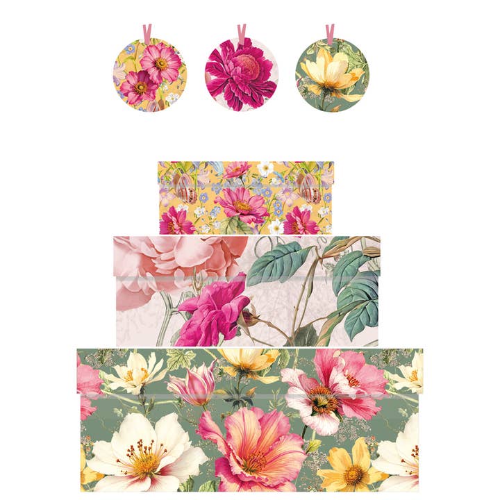 Cadeaudozen (3) Met Labels Bloemen Groen Roze Geel Eco voor wholesale door Penny Kennedy Ltd