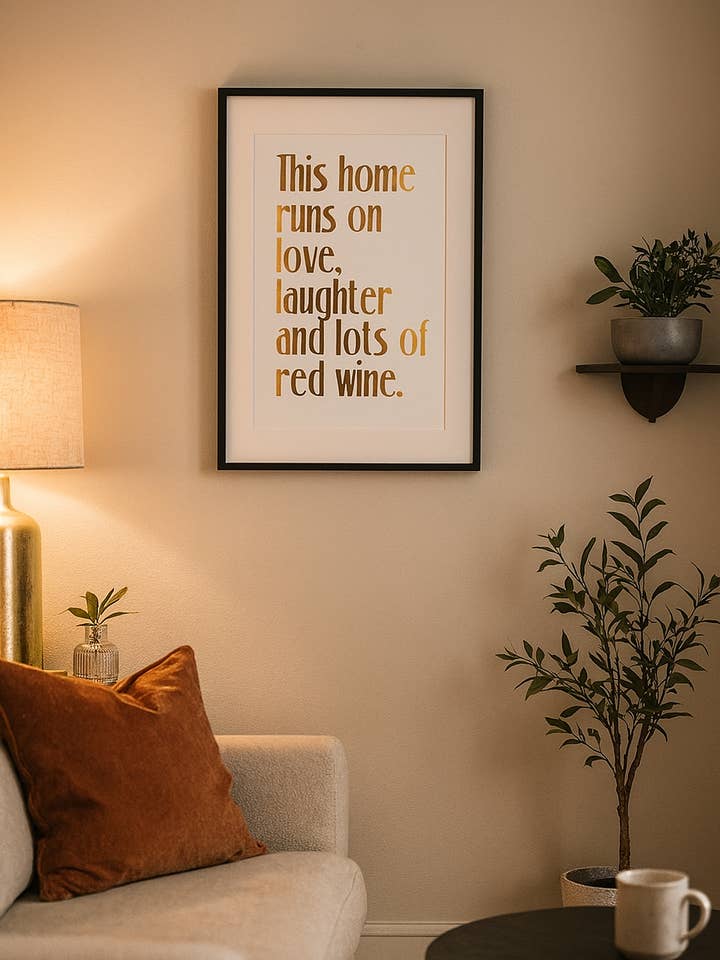 Dieses Zuhause läuft mit Liebe, Lachen & Rotwein - Goldfoliendruck für den Großhandel von Vinotopia