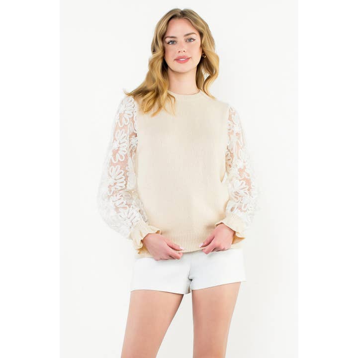 Floral Mesh-ærmet strikket top for engroshandel hos THML