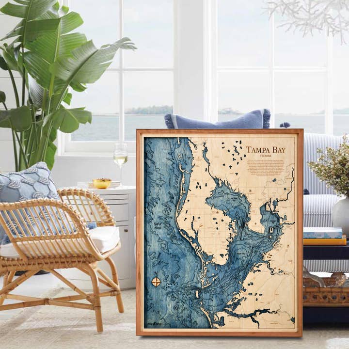 Sea & Soul Nautical Chart Art - Wholesale Map - Tampa Bay Nautical 3D Wood Map Wall Art, Coastal Home Decor