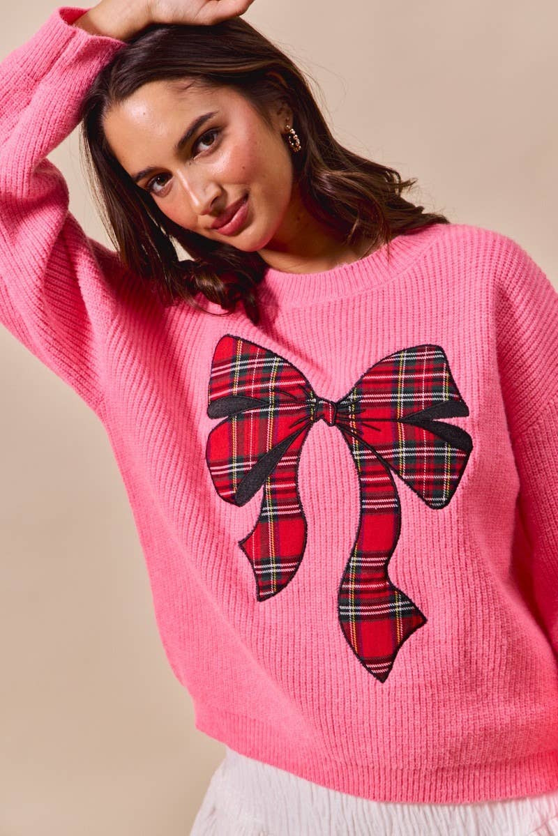 IVE - Wholesale Knit Sweater - Women's - Checker Plaid Ribbon Christmas Holiday Sweater Top8