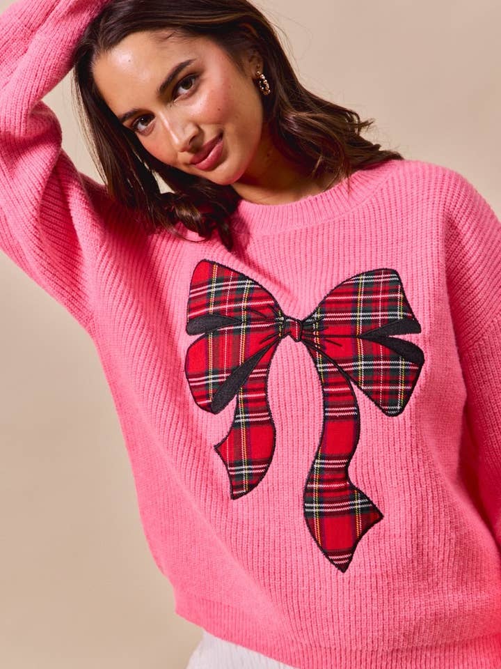IVE - Wholesale Knit Sweater - Women's - Checker Plaid Ribbon Christmas Holiday Sweater Top8