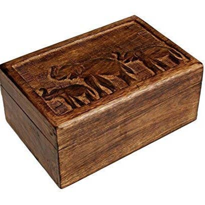 Christmas Thanksgiving Gifts Country Style Wooden Keepsake Trinket Jewelry Box Organizer Multipurpose with Hand Carved Elephant Motifs for wholesale by Ergodebrands