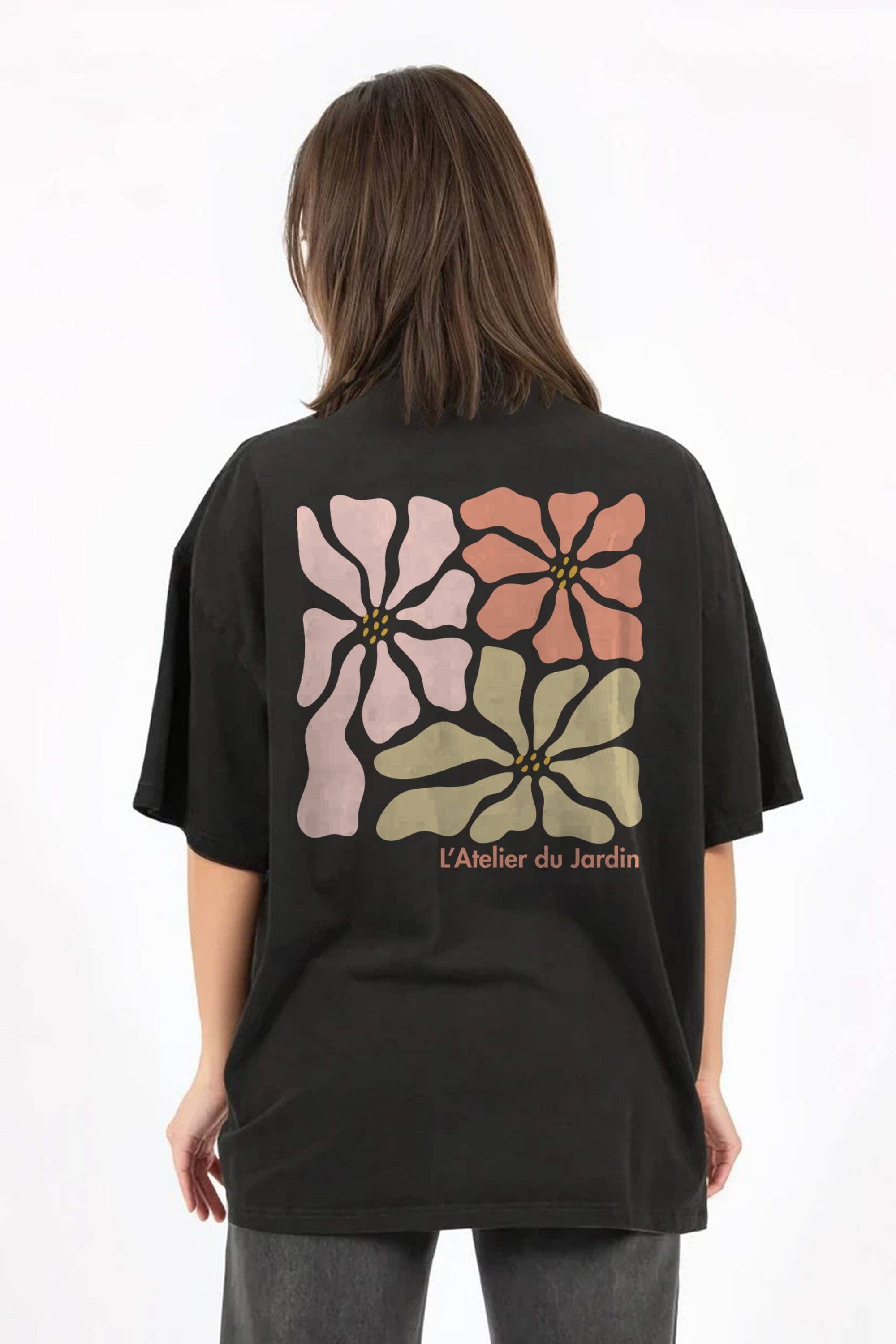 Washed Black 150GSM Oversized T-Shirt in L’Atelier du Jardin Floral Print for wholesale on Faire0