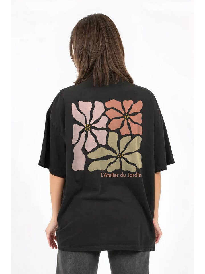 Washed Black 150GSM Oversized T-Shirt in L’Atelier du Jardin Floral Print for wholesale on Faire