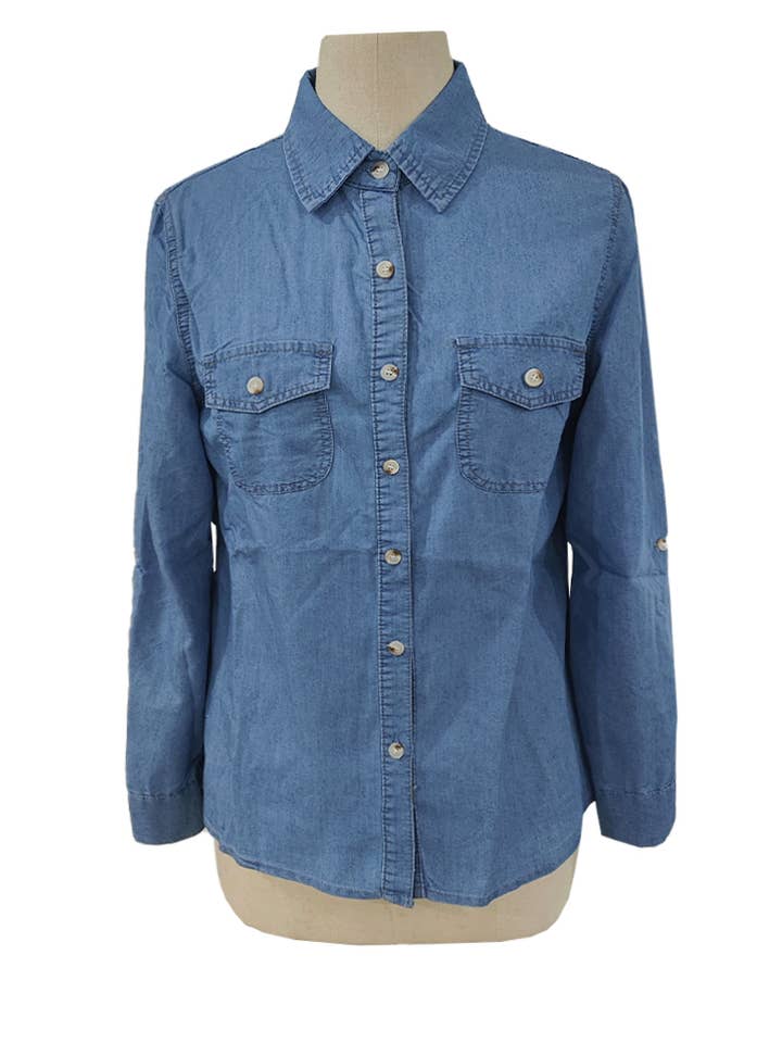 HIDDENBRAND - Wholesale Button Down Shirt - Women's - Lapel Single-Breasted Long-Sleeved Denim Shirt3