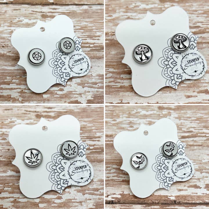 Stud Earrings Multi-Pack-Goth Favorites Pentagram, Bats, Pot for wholesale by Stamped Serendipity