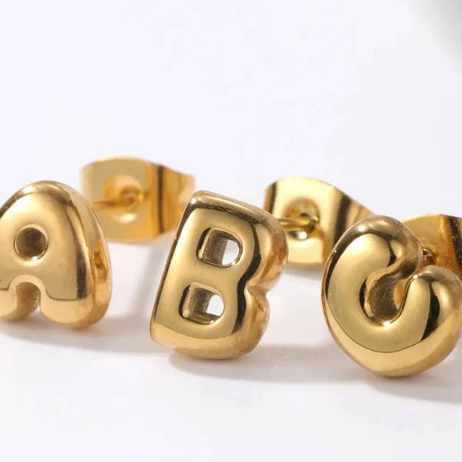 Â Bubble Letter Mini Initial Stud Earring Steel 18K Gold for wholesale on Faire