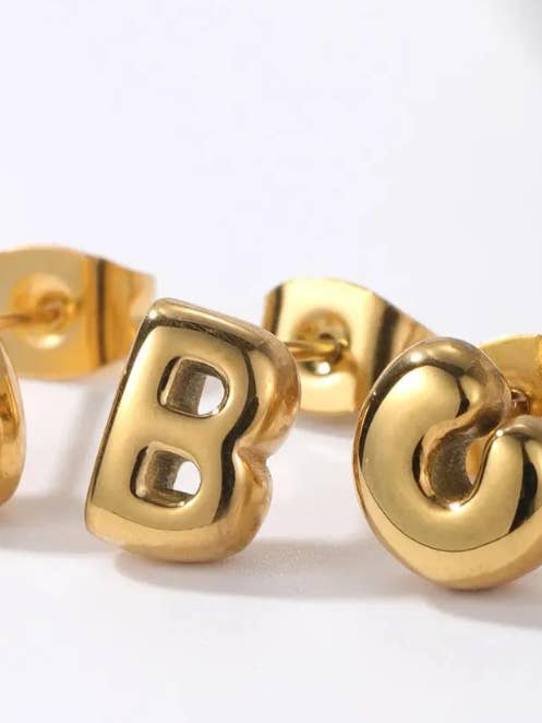 Bubble Letter Mini Initial Stud Earring Steel 18K Gold for wholesale by HoopLa