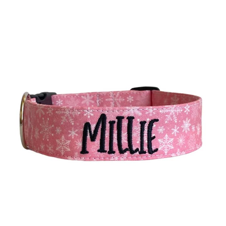 Pink Snowflakes Dog Collar by Duke & Fox® for wholesale by Duke & Fox