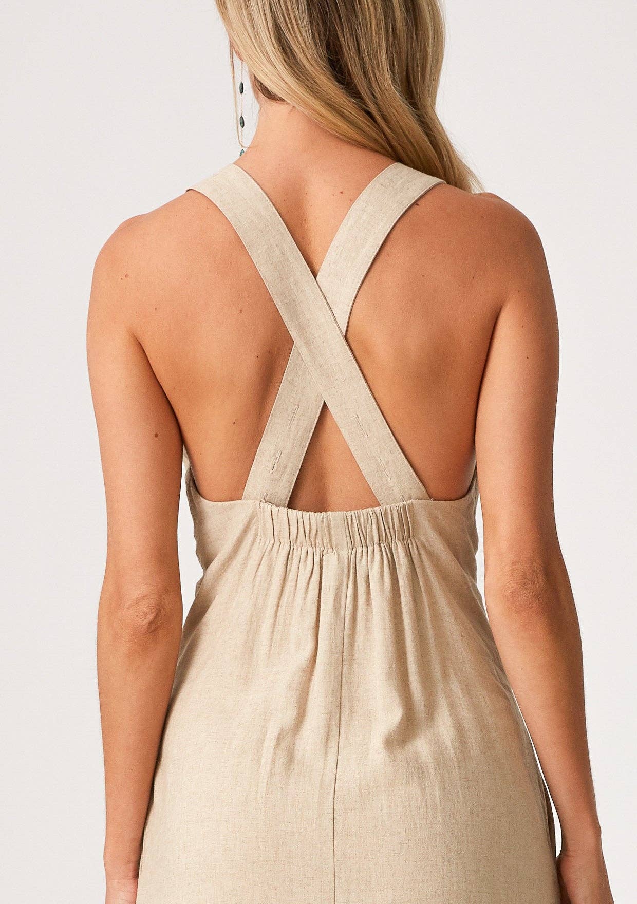 Wheat Linen Blend Sleeveless V Neck Midi Dress for wholesale on Faire5