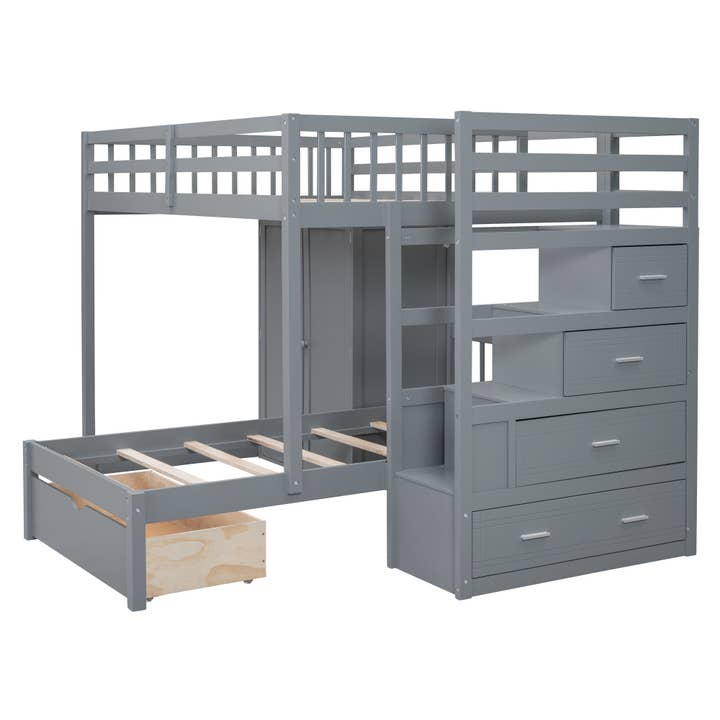 HomeRoots – wholesale Bed – Gray Full Over Twin Wood Bunk Bed With Stairs And Drawers And Storage5