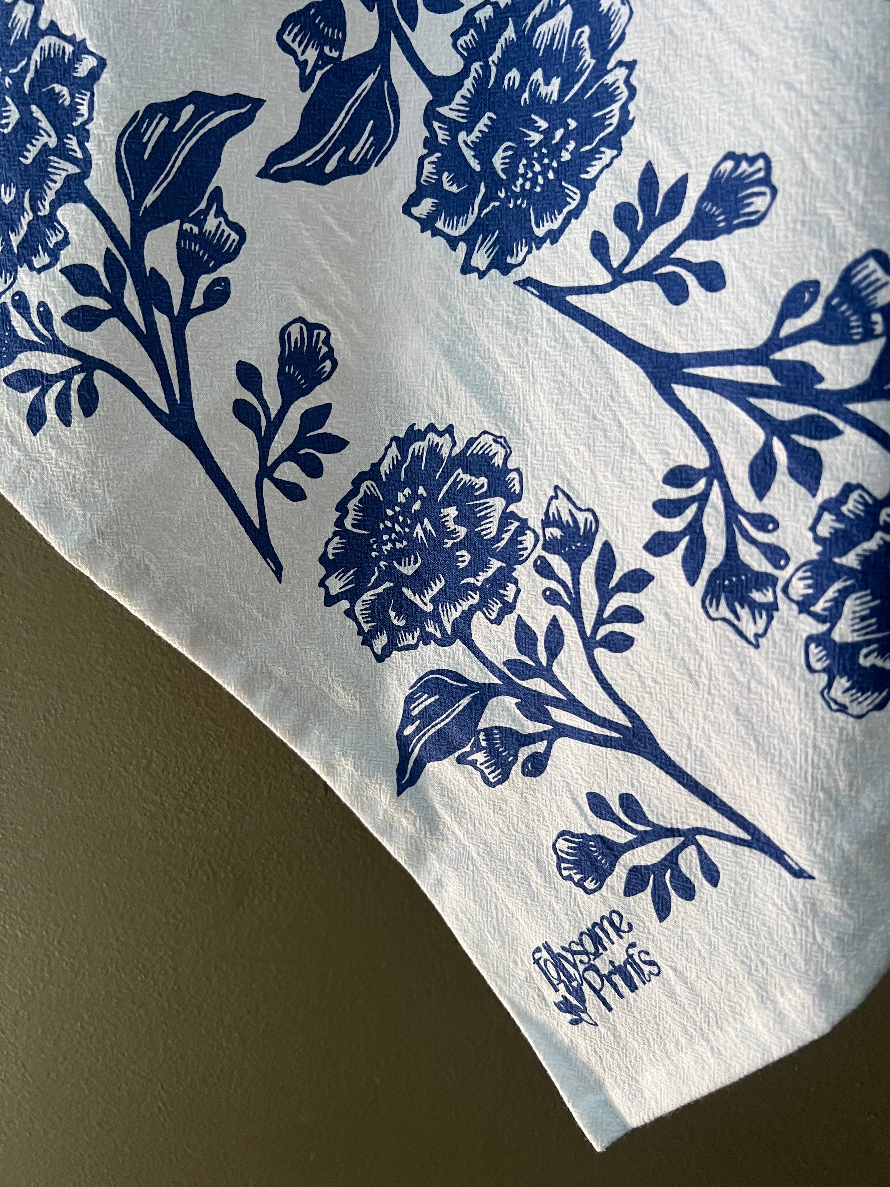Follysome Prints - Wholesale Tea Towel - Delft Blue Marigolds Tea Towel2