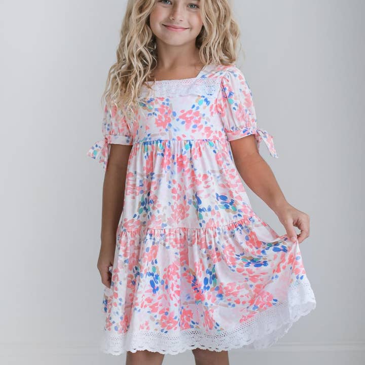 Oopsie Daisy - Wholesale Dress - Kids - Kids Pink & Blue Lace Tiered Square Neck Summer Dress