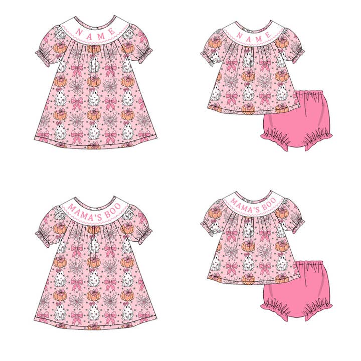 Girls Halloween MAMA'S BOO Smocked Embroidery Custom Name Dress & Baby Set for wholesale by Auraquise