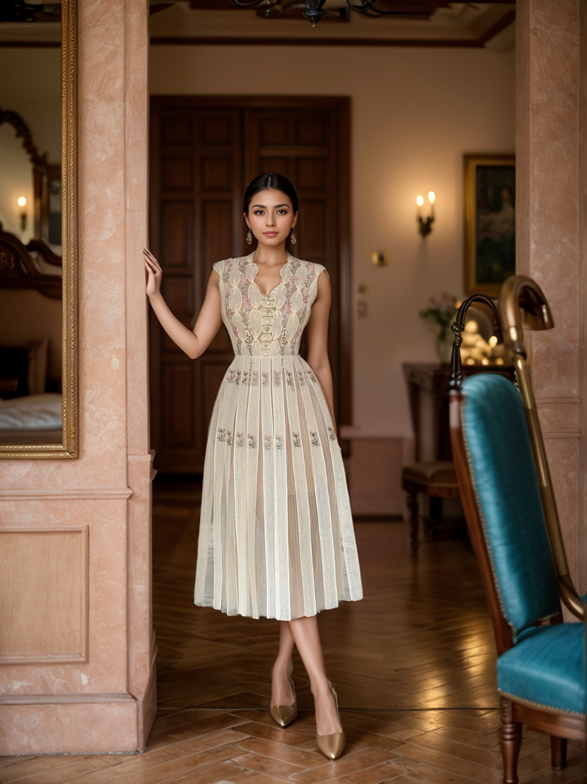 Couleur comme sur les photos Robe sans manches à col en V avec broderie florale à la main DR586Y en vente sur Faire14