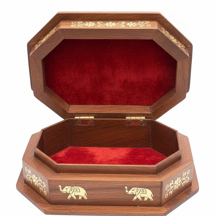 Hexagon Wooden Box -Carved and Brass Inlay work for wholesale by FOREIGN BAZAAR