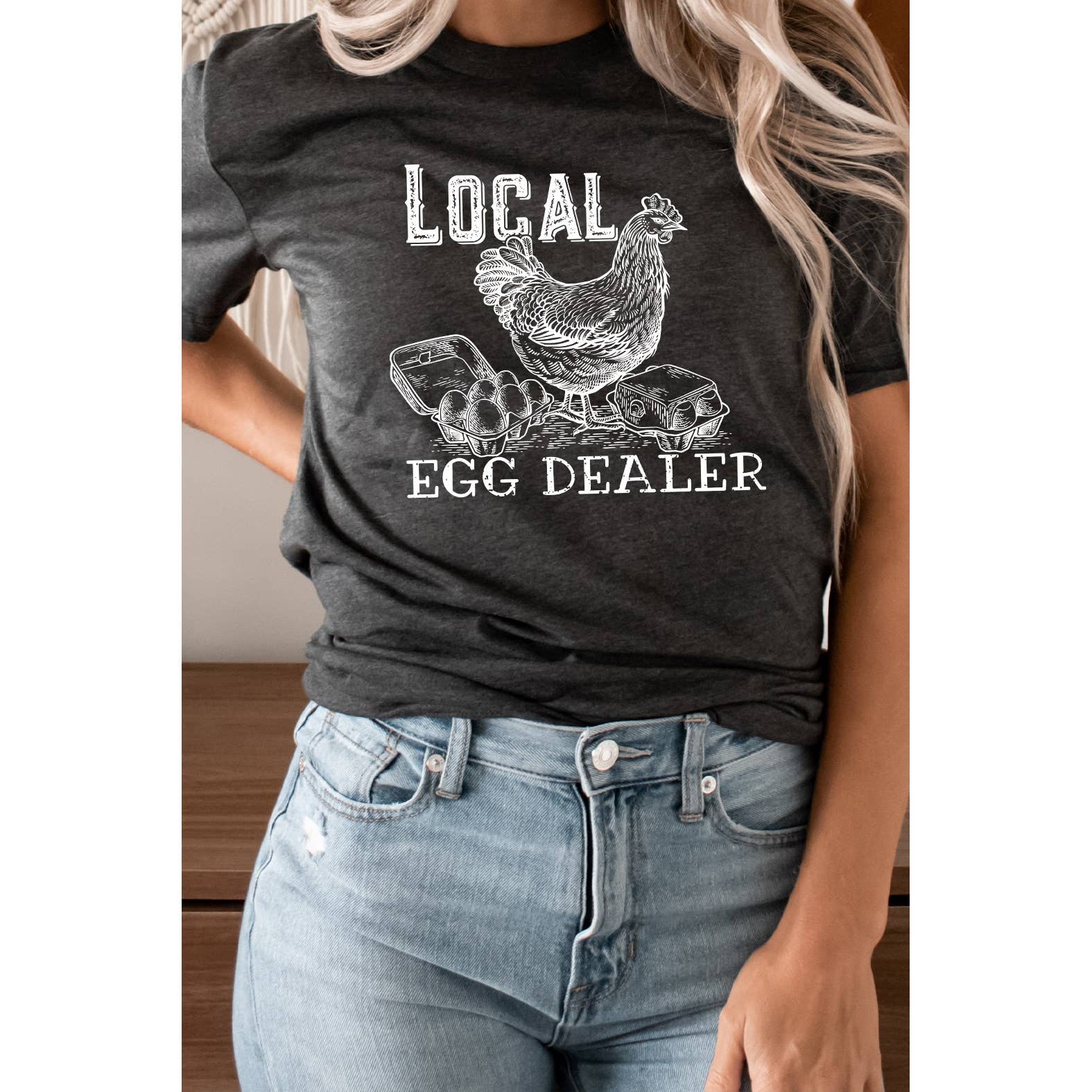 Kissed Apparel – wholesale Screen printed t-shirt – Women′s – Local Egg Dealer, Hen, Chicken, Farm Rustic Chic Graphic Tee3