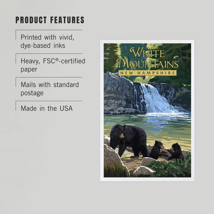 Lantern Press - Wholesale Postcard - PREMIUM POSTCARDS White Mountains, NH Waterfall and Bears